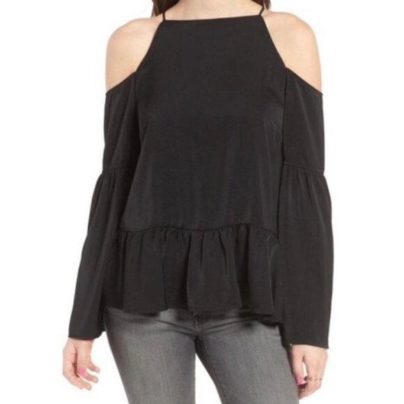 Chelsea28 Women's NWT Black Cold Shoulder Open Bell Flutter Sleeve Blouse XS - Picture 1 of 11